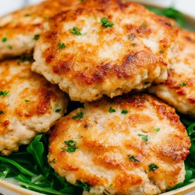 Crispy air fryer chicken patties served on a plate with fresh greens.