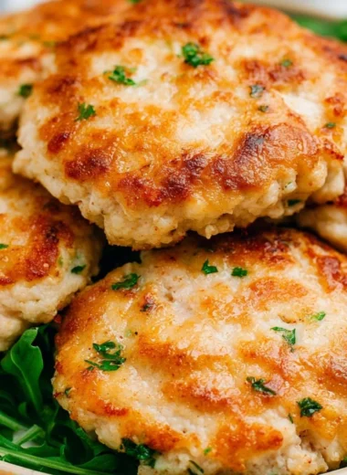 Crispy air fryer chicken patties served on a plate with fresh greens.