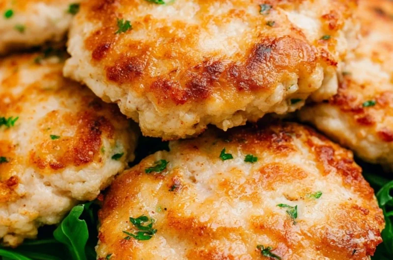 Crispy air fryer chicken patties served on a plate with fresh greens.