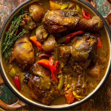 Plate of authentic Jamaican curry chicken with vegetables and rice