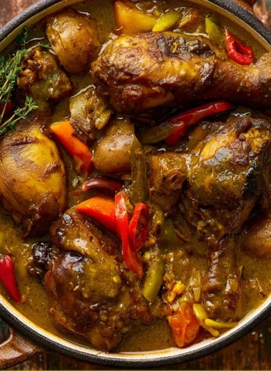 Plate of authentic Jamaican curry chicken with vegetables and rice
