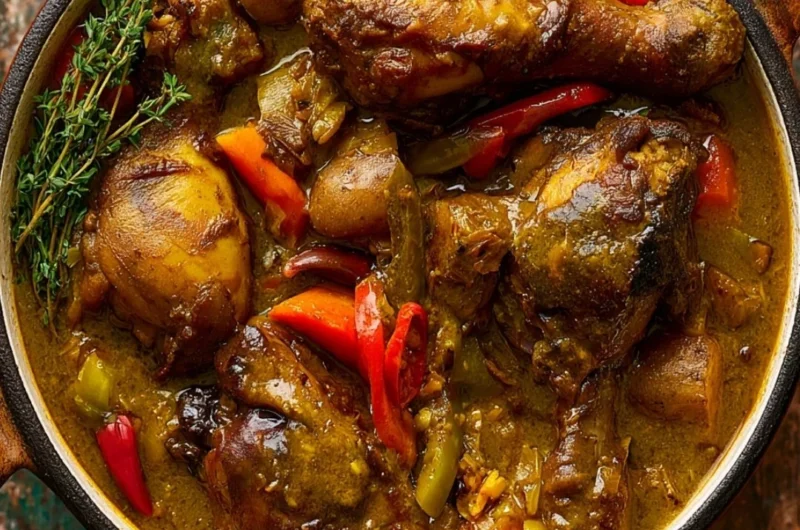 Plate of authentic Jamaican curry chicken with vegetables and rice