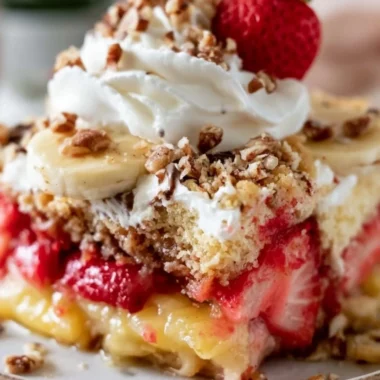 Delicious Banana Split Dump Cake topped with bananas, whipped cream, and cherries.