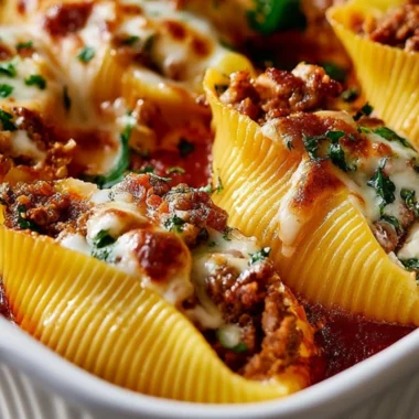 Delicious beef stuffed shells filled with savory cheese and meat mix