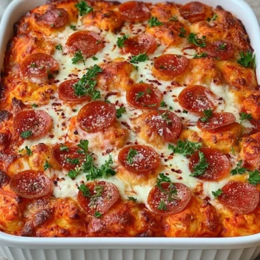 Delicious Bubble Up Biscuit Pizza Casserole topped with cheese and pepperoni