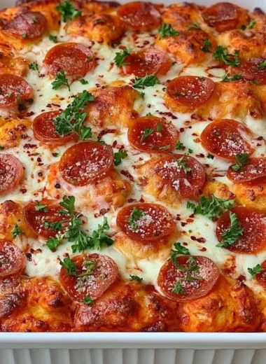Delicious Bubble Up Biscuit Pizza Casserole topped with cheese and pepperoni