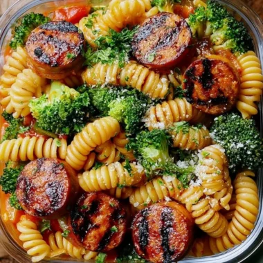 Chicken sausage pasta meal prep bowl with vegetables and herbs.