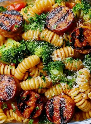 Chicken sausage pasta meal prep bowl with vegetables and herbs.