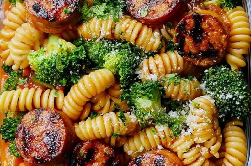Chicken sausage pasta meal prep bowl with vegetables and herbs.