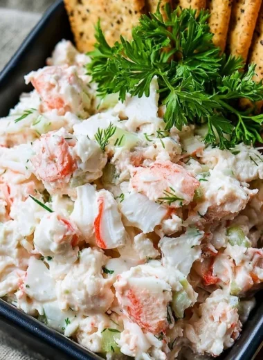 Chunky cold crab dip served in a bowl with crackers