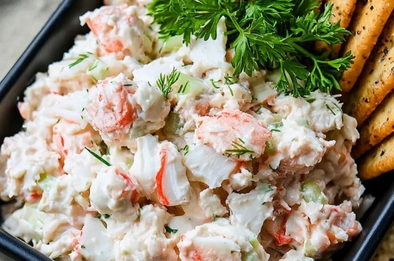 Chunky cold crab dip served in a bowl with crackers