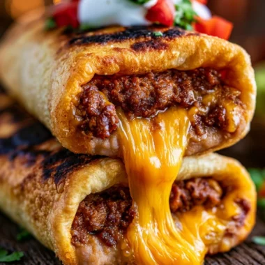 Delicious cozy beef and cheese chimichangas served with toppings.