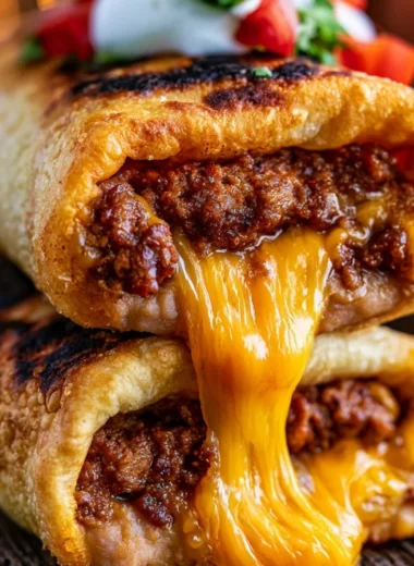 Delicious cozy beef and cheese chimichangas served with toppings.