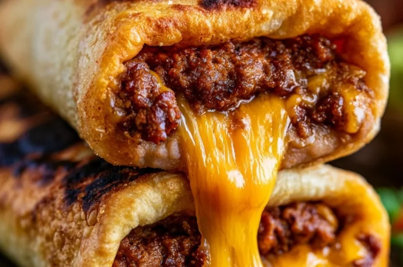 Delicious cozy beef and cheese chimichangas served with toppings.