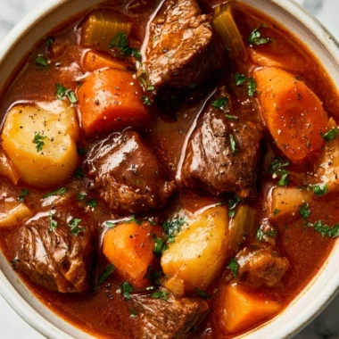 Delicious cozy crockpot beef stew simmering in a bowl