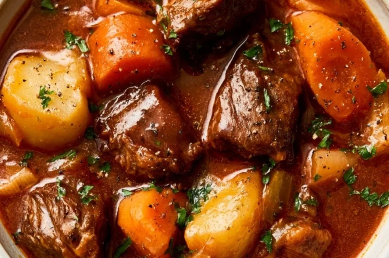 Delicious cozy crockpot beef stew simmering in a bowl