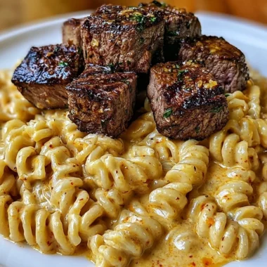 Delicious creamy garlic butter steak bites with spicy Cajun Alfredo pasta