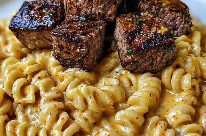 Delicious creamy garlic butter steak bites with spicy Cajun Alfredo pasta