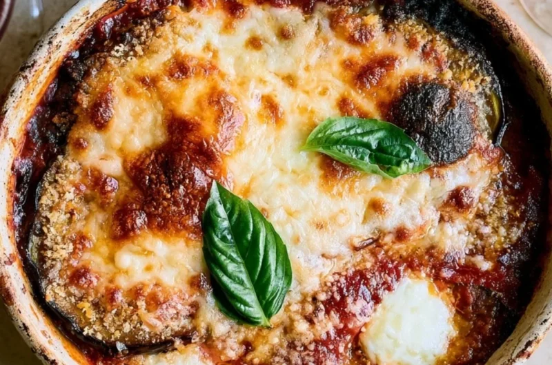 Delicious Eggplant Parmesan served with marinara sauce and melted cheese