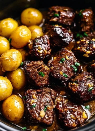Delicious Garlic Butter Beef Bites served with golden potatoes