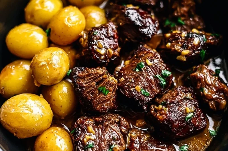Delicious Garlic Butter Beef Bites served with golden potatoes
