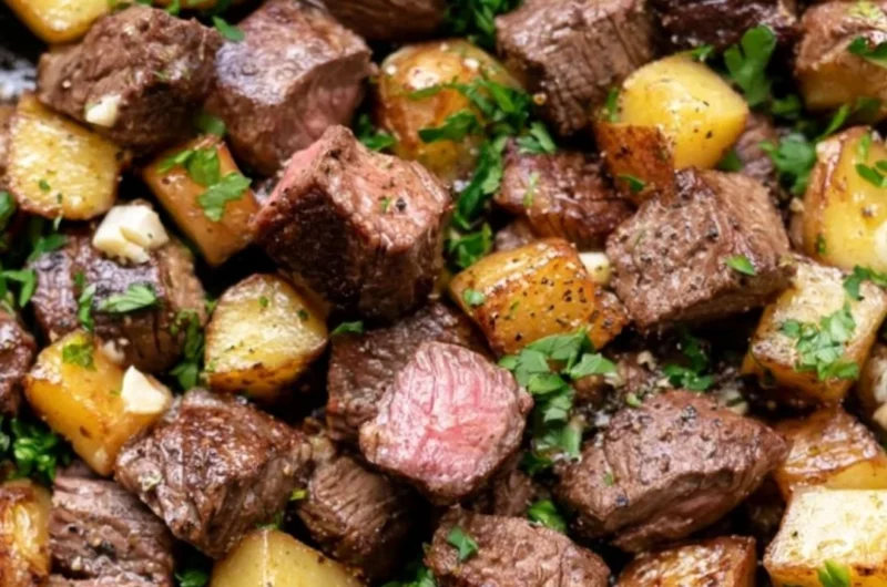 Garlic butter steak bites with crispy potatoes on a plate