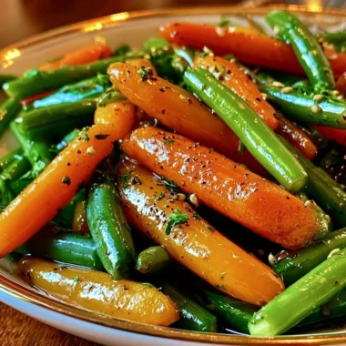 Honey glazed carrots and green beans served in a colorful dish.