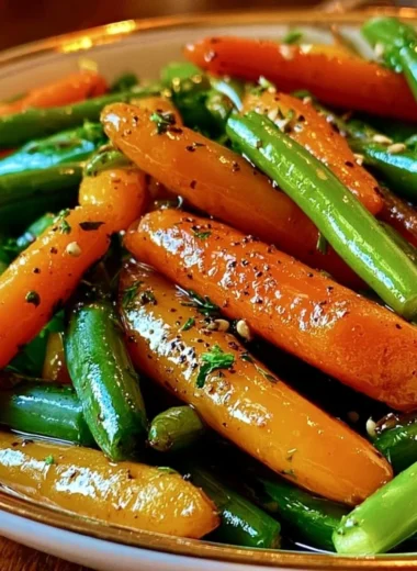 Honey glazed carrots and green beans served in a colorful dish.