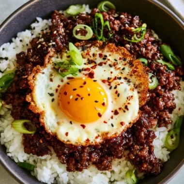 Korean Ground Beef Bowl with rice and vegetables