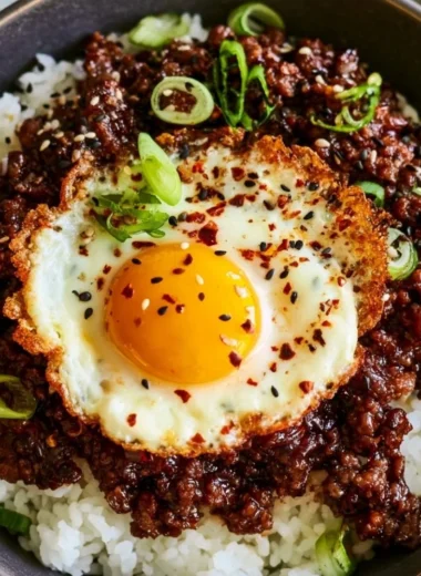 Korean Ground Beef Bowl with rice and vegetables