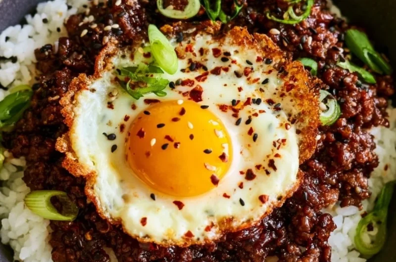 Korean Ground Beef Bowl with rice and vegetables