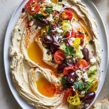 Delicious loaded Greek hummus topped with olive oil, feta, and herbs.