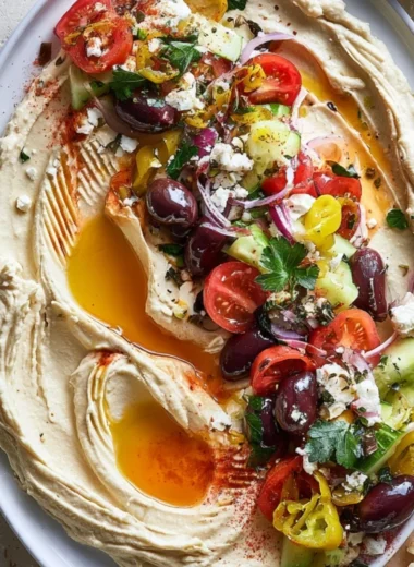 Delicious loaded Greek hummus topped with olive oil, feta, and herbs.