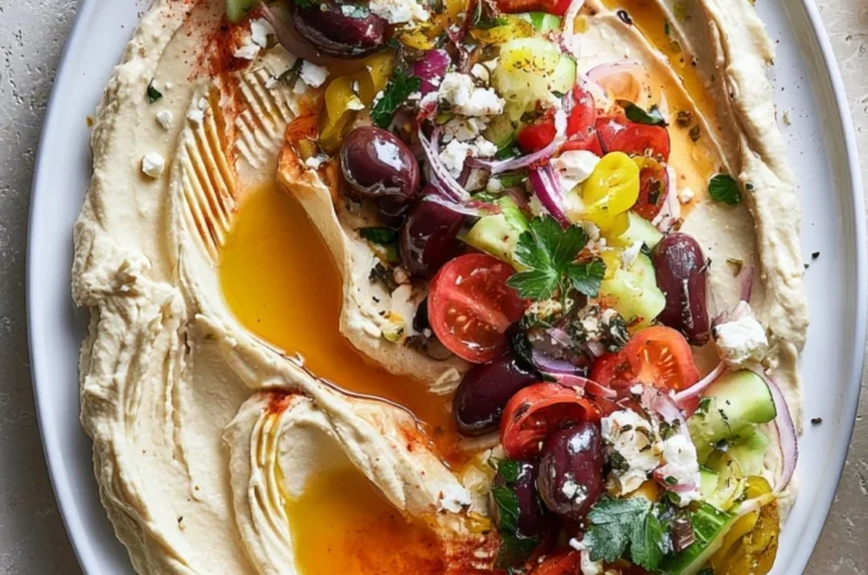 Delicious loaded Greek hummus topped with olive oil, feta, and herbs.