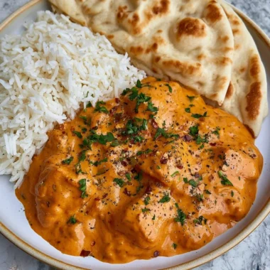 Delicious homemade butter chicken served with naan and rice