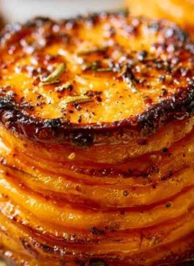 Layered sweet potato stacks garnished with herbs and spices
