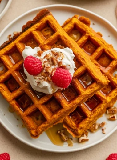 Delicious sweet potato waffles topped with syrup and berries