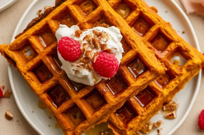 Delicious sweet potato waffles topped with syrup and berries
