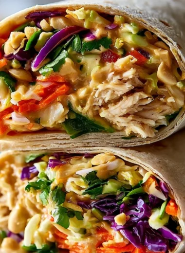 Thai Peanut Chicken Wraps served with fresh vegetables and a side of dipping sauce