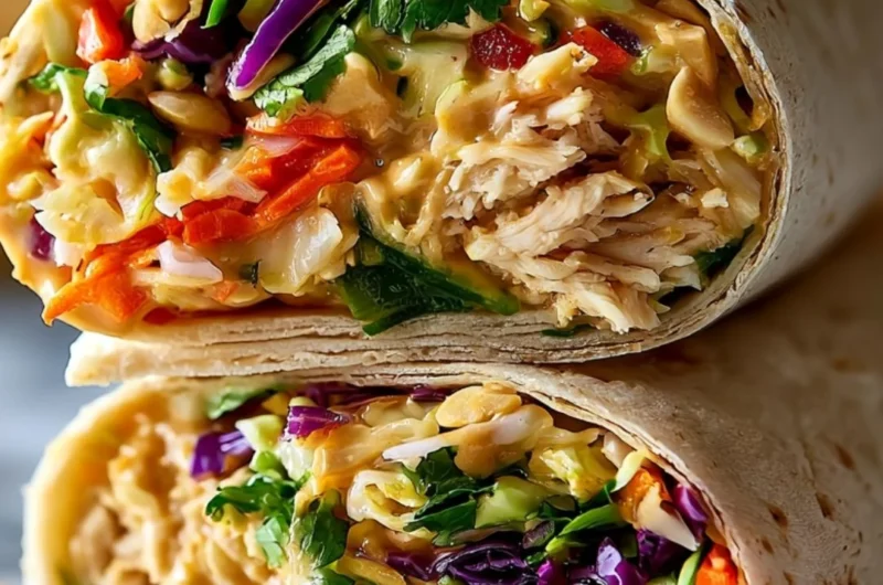 Thai Peanut Chicken Wraps served with fresh vegetables and a side of dipping sauce