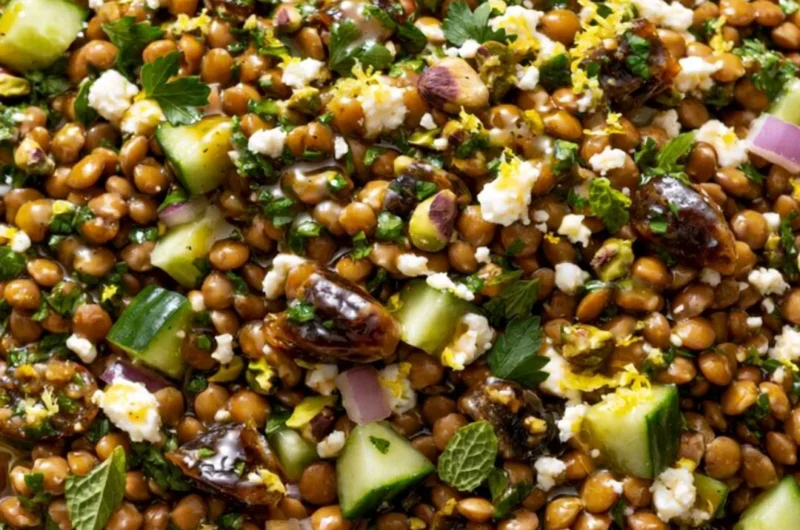 Cozy lentil salad with feta cheese, colorful vegetables, and herbs in a bowl.