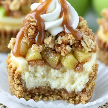 Delicious Apple Crisp Mini Cheesecakes with a crunchy topping and creamy filling.