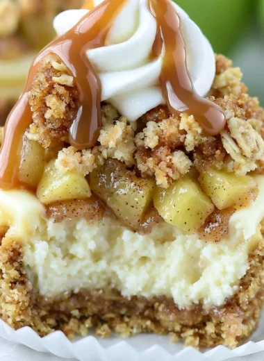 Delicious Apple Crisp Mini Cheesecakes with a crunchy topping and creamy filling.