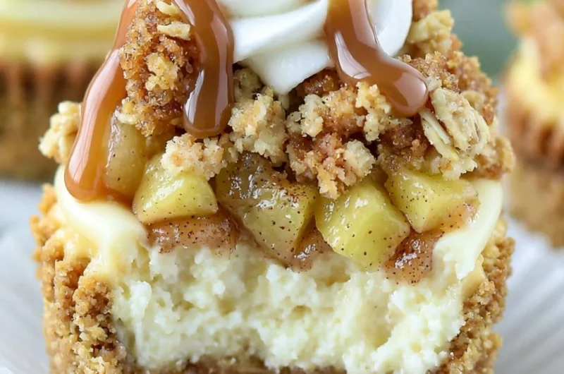 Delicious Apple Crisp Mini Cheesecakes with a crunchy topping and creamy filling.
