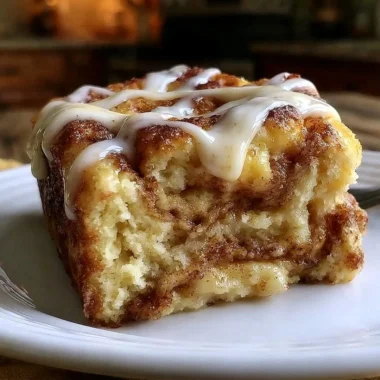 Delicious homemade Cinnamon Roll Coffee Cake with icing drizzle