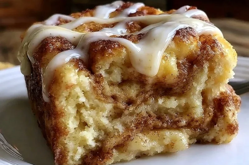 Delicious homemade Cinnamon Roll Coffee Cake with icing drizzle