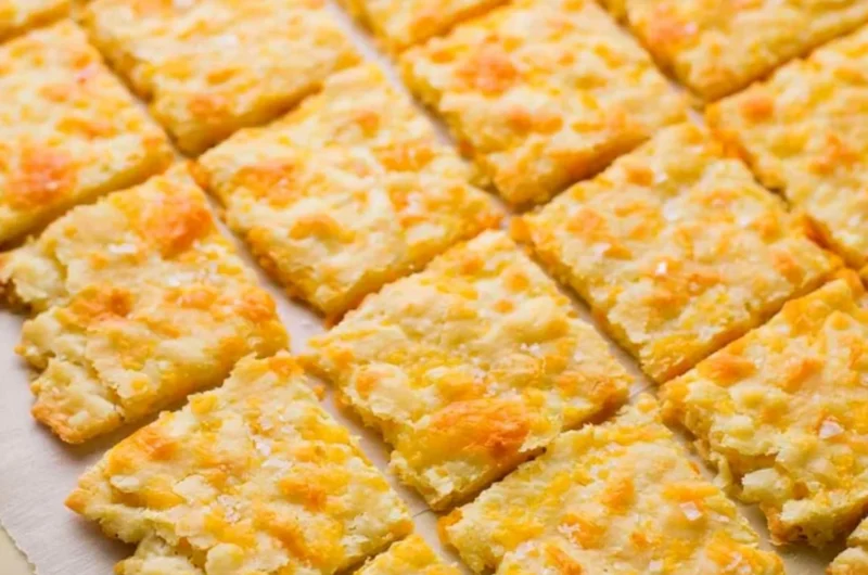 Cozy homemade sourdough crackers topped with cheddar cheese on a plate.