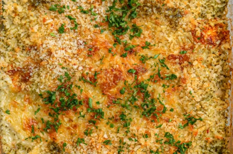Cozy white bean and pesto bake topped with fresh herbs and cheese.