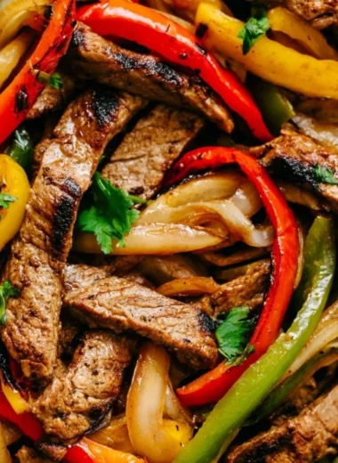 Skillet Steak Fajitas with peppers and onions