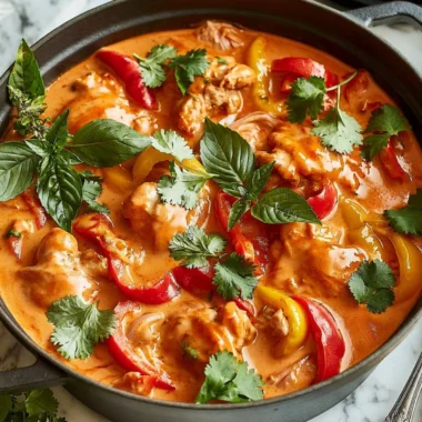 Bowl of delicious Thai Coconut Chicken garnished with fresh herbs.
